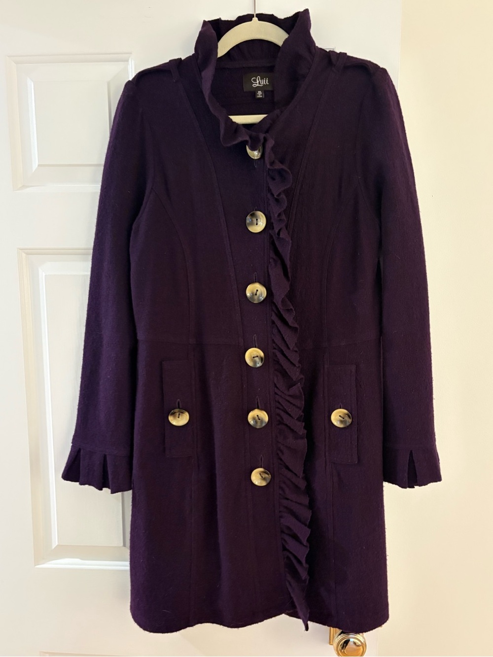Luii Eggplant Ruffled Button Coat